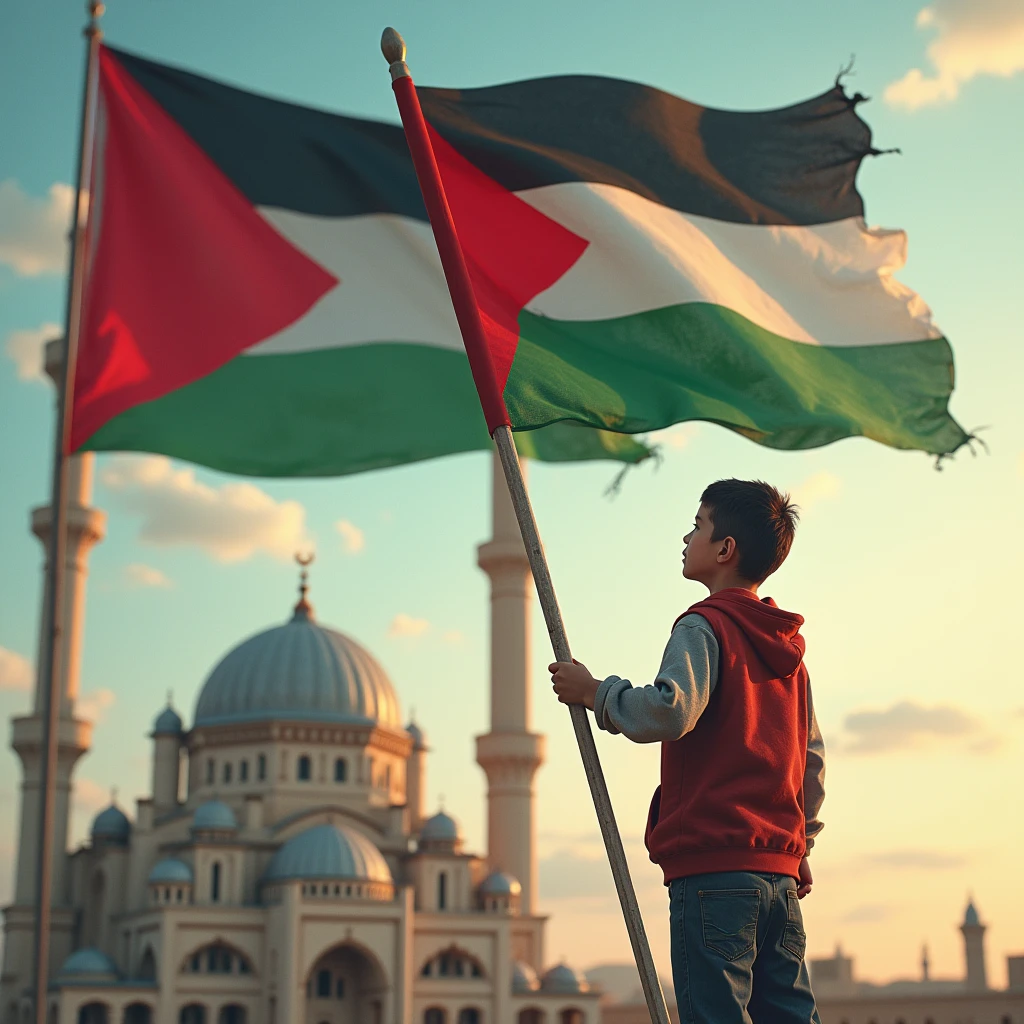 A Palestinian boy waving the Palestinian flag as if to signal their victory behind Al Aqsa Mosque. High quality image, 8k realistic anime, highly defined.