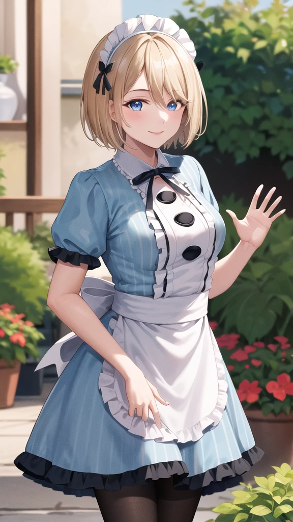 masterpiece, best quality, highres, 1girl, solo, short hair, blonde hair, blue eyes, maid headdress, neck ribbon, frills, vertical-striped dress, blue dress, short sleeves, white apron, black pantyhose, standing, smile, waving, outdoors