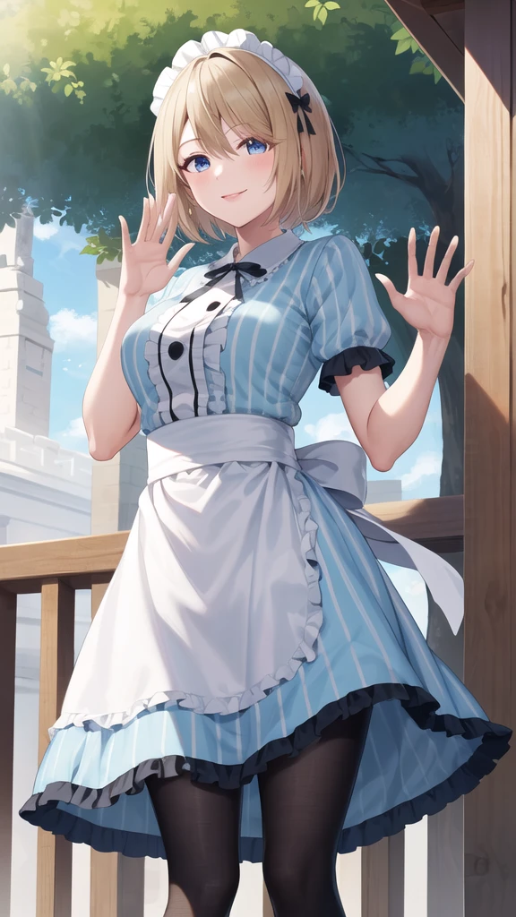 masterpiece, best quality, highres, 1girl, solo, short hair, blonde hair, blue eyes, maid headdress, neck ribbon, frills, vertical-striped dress, blue dress, short sleeves, white apron, black pantyhose, standing, smile, waving, outdoors