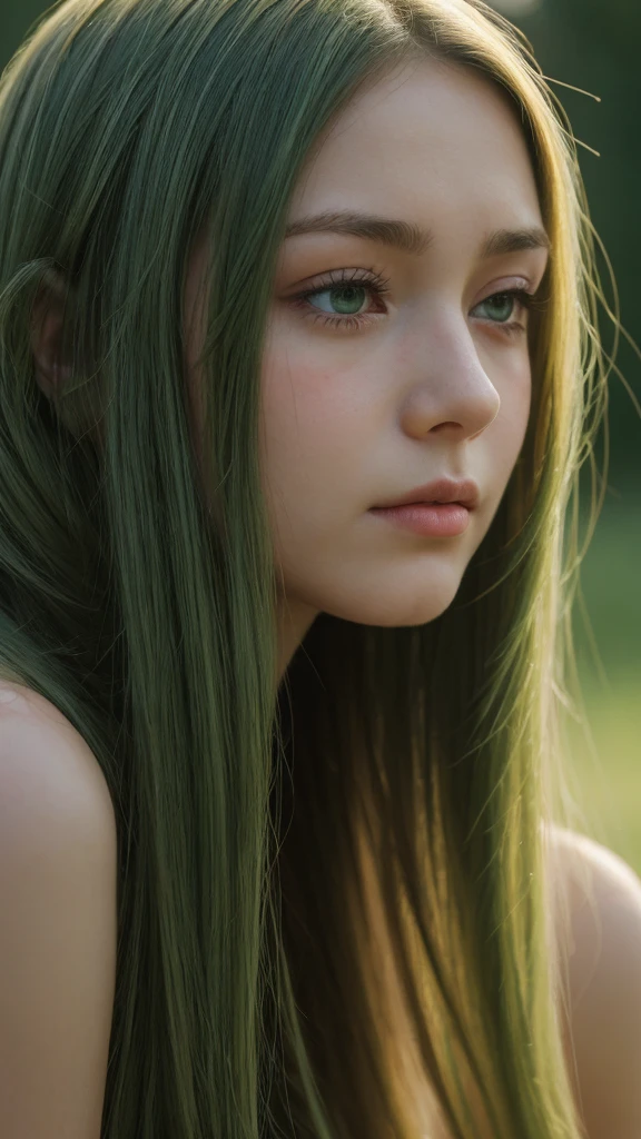face portrait. a girl. european. extremely detailed face. oval face. delicate features. half-closed eyes. green eyes. long messy hairstyle. green hair. wreath on head. sad. shy. front view