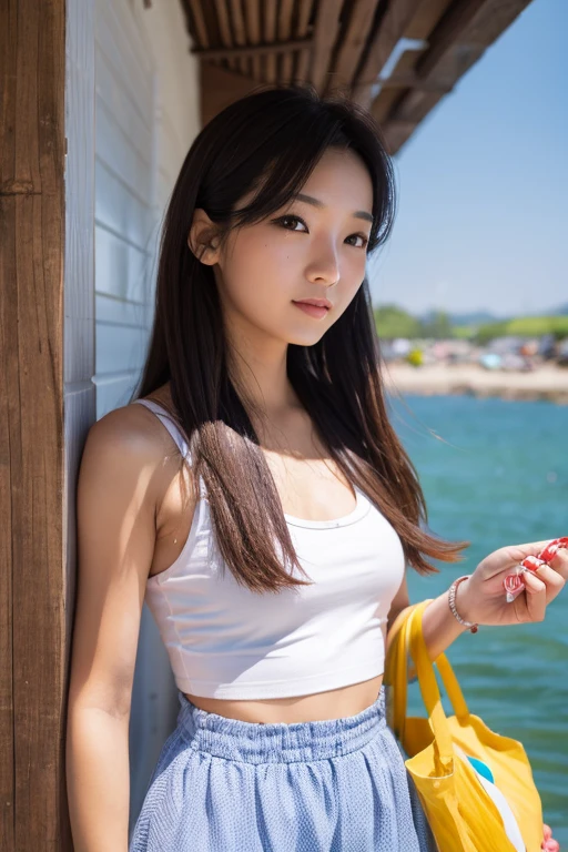 Open shirt, (((Leaning forward))), ((,Round face, Around 17 years old,mini skirt、A loose-fitting tank top)),  Long Hair, , Natural Makeup, Lips become thicker, Sexy Gaze, barefoot, ((Raise one leg)),  Shooting from below,Gentle expression ,((Extremely precise and accurate anatomy)),  (masterpiece:1.43), Perfect proportions, Realistic photos, Full Shot, whole body, 