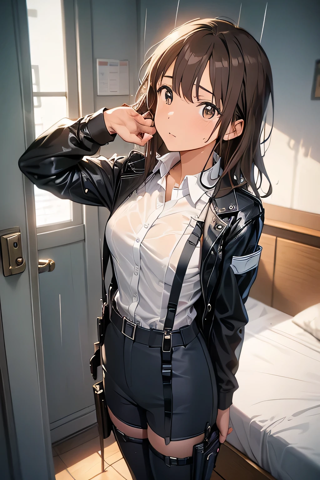 1 female, , high quality, masterpiece, Ultra-high resolution, , Cinema Lighting, , , And the suspenders with the cranes flying Large Breasts Small face holster Lying in bed Looking up Sweat belt summer 脇Sweat Black Hole Gloves suit shirt Black jacket Black trousers Leg Links ズボンにbelt holster Hands behind your back Anxious expression Looking up Anxious face, legs apart Armament Handgun handcuffs Cable ties レッグholster holster See-through clothing heavy rain Getting wet in the rain