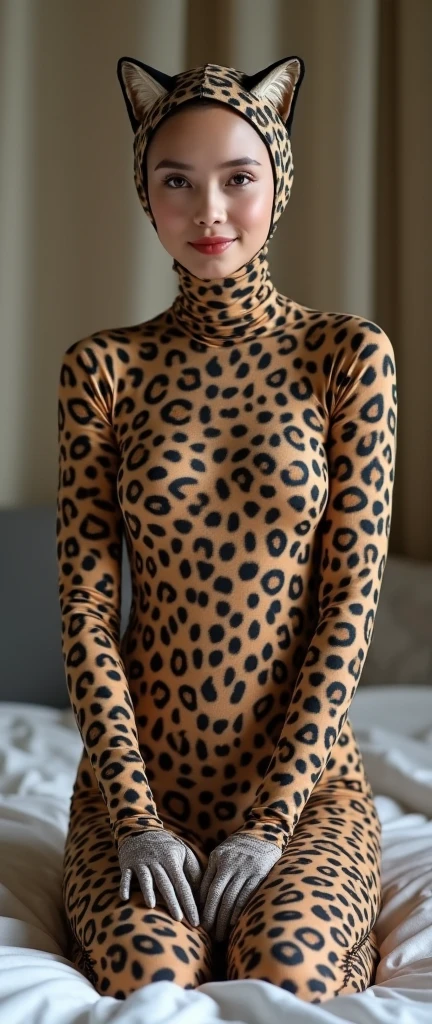 The most beautiful,thin,most pretty and clever Malaysian muslimah adult girl wears ocelot print lycra turtleneck unitard catsuit covered with many spots.She always wear ocelot print lycra dancewear stretchy square hijab covered with many spots.She gives her cat to drink water at home.