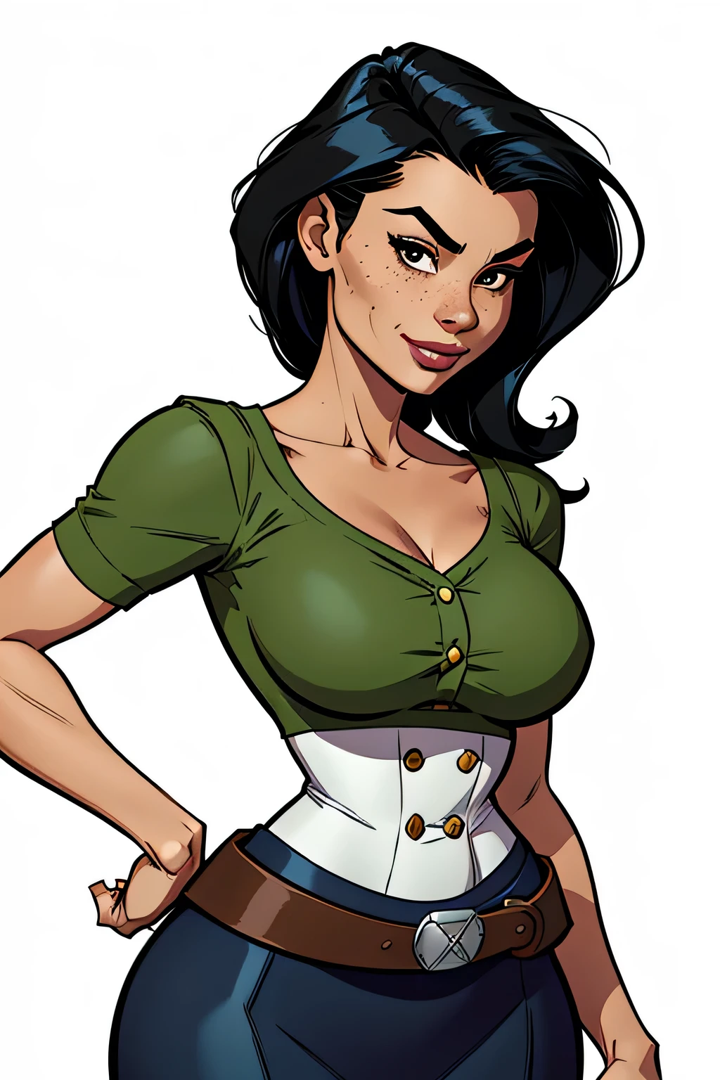 Slim and athletic woman (x-men rogue), 25 years, 8k ((high definition)), beautiful smile, sighing and seductive look, brown eyes, secretary wearing green shirt ((with V-neck, white buttons and short sleeves)), black belt, chalk skirt, hands on waist ((detailed)), white skin, straight black hair ((shoulder height)), standing ((upper body)), curvy and with freckles on her neck and breasts, big round breasts. Marvel style ((high quality)), white background.