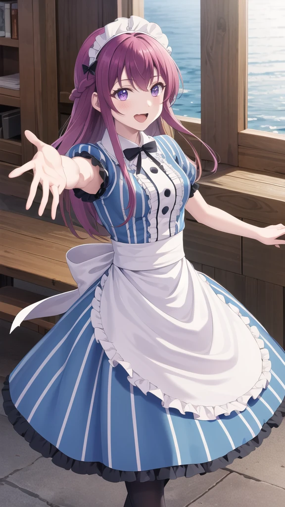 masterpiece, best quality, highres, 1girl, solo, long hair, purple hair, braid, maid headdress, purple eyes, neck ribbon, frills, vertical stripes, blue dress, short sleeves, apron, black pantyhose, reaching out, outstretched arms, smile, open mouth, blue sky, standing,