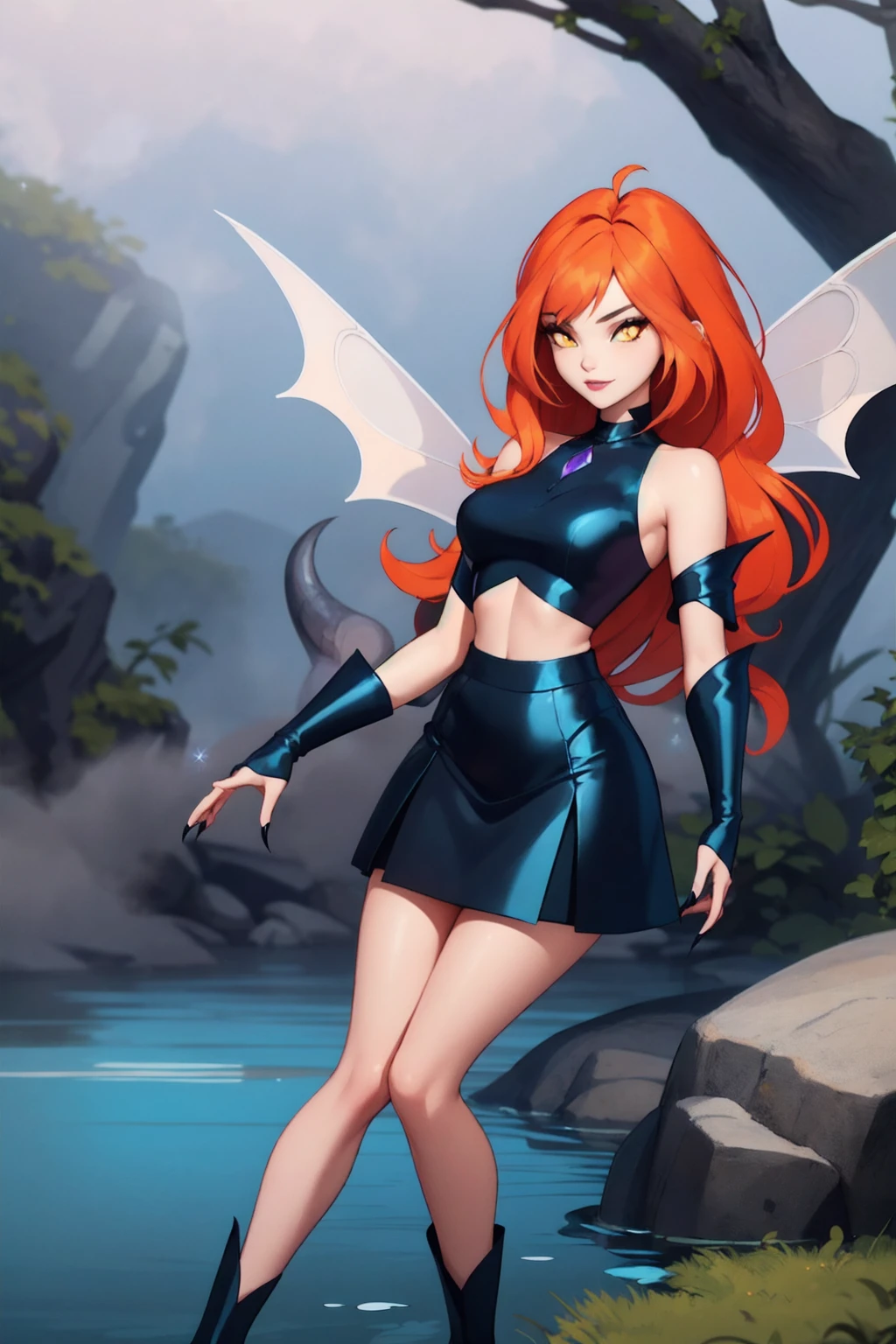 1girl, solo, ((adoring)),Dark Bloom, orange hair, yellow eyes, boots, black skirt, gloves, black shirt, wings, sparkling clothing, masterpiece, best quality, Tweak_PrettyEyes:0.8 with a tidal pool in the background, enchanting fog settling over a forest coven evelynn, claws,  