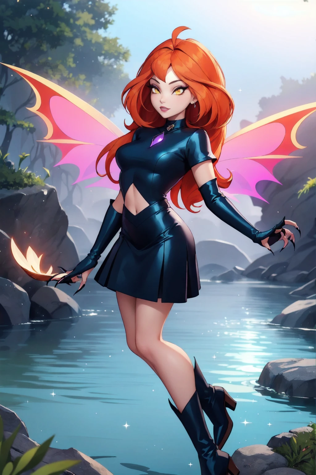 1girl, solo, ((adoring)),Dark Bloom, orange hair, yellow eyes, boots, black skirt, gloves, black shirt, wings, sparkling clothing, masterpiece, best quality, Tweak_PrettyEyes:0.8 with a tidal pool in the background, enchanting fog settling over a forest coven evelynn, claws,  