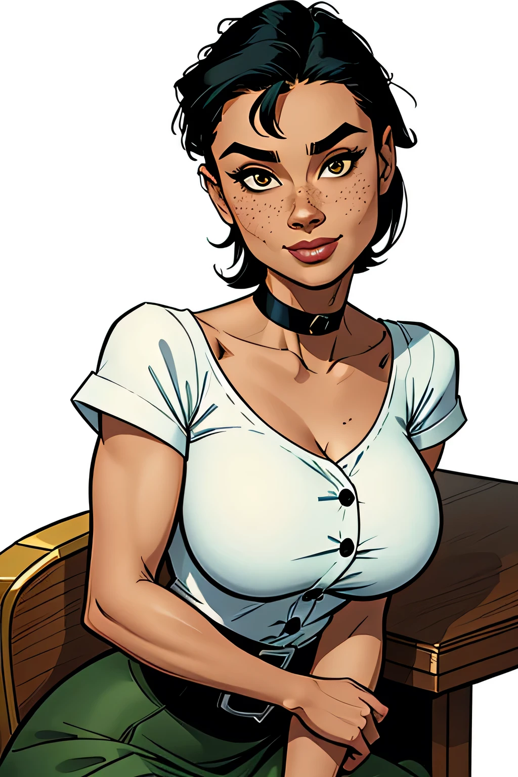 Slim and athletic woman (x-men rogue), 25 years, 8k ((high definition)), mysterious smile, sighing and seductive look, brown eyes, secretary wearing green shirt with collar ((with V-neck, white buttons and short sleeves)), black belt, chalk skirt, hands on waist ((detailed)), white skin, straight black hair ((shoulder height)), sitting in an armchair, at the table ((upper body)), curvy and with freckles on her neck and breasts, big round breasts. Marvel style ((high quality)), white background.
