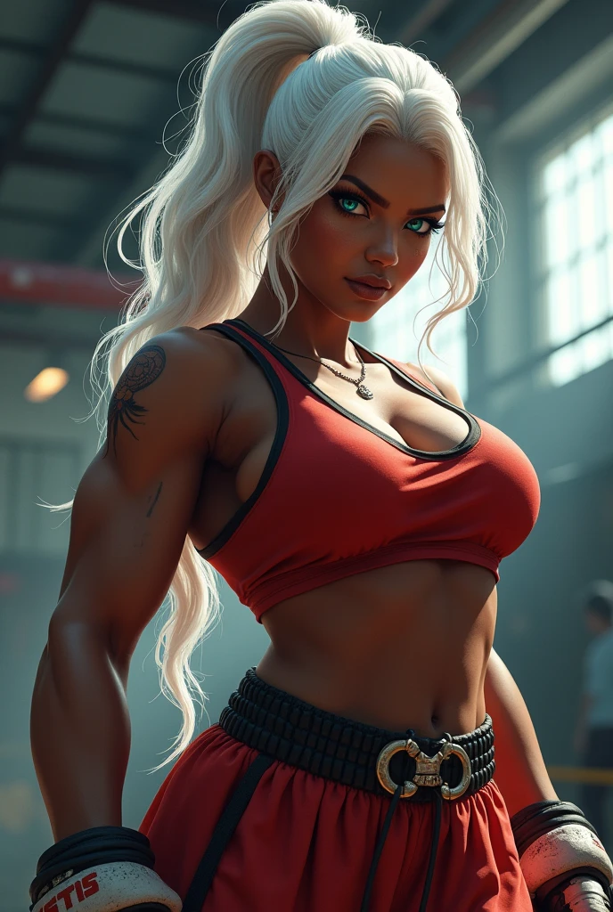 (perfect anatomy), (sports body), (big breastes), (thick-thighs), (perfect arms), (tracksuit ), Pointed bracelets, looking a viewer, (Medium full-frame photography), (Background of the battle arena), (White dreadlocks