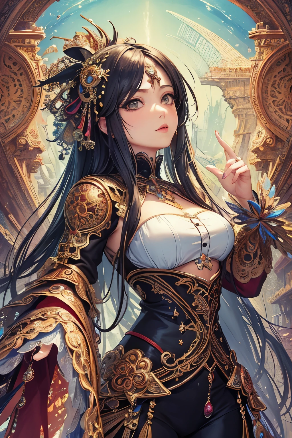 ((Best quality)), ((masterpiece)), ((highly intricate details)),beautiful, high quality, highres, absurdres, light difussion, intricate details, complex details, ((anime)), (anime:1.2) , (perfect face:1.3), extreme detailed eyes, colorful, highest detailed, vibrant colors, high contrast, (8K UHD:1.2), (photorealistic:1.2),(masterpiece:1.4), (best quality:1.4), realistic, 1girl medium breasts, official art, unity 8k wallpaper, ultra detailed, beautiful and aesthetic, masterpiece, best quality, (zentangle, mandala, tangle, entangle), (fractal art:1.3) , 1girl, extremely detailed, dynamic angle, cowboyshot, the most beautiful form of chaos, elegant, a brutalist designed, vivid colours, romanticism, by james jean, roby dwi antono, ross tran, francis bacon, michal mraz, adrian ghenie, petra cortright, gerhard richter, takato yamamoto, ashley wood, atmospheric, ecstasy of musical notes, streaming musical notes visible, dragon in background