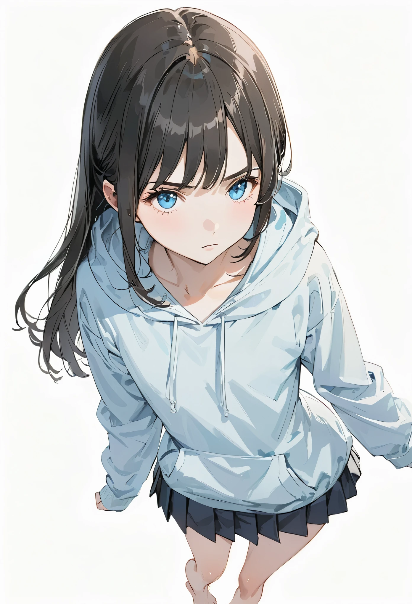 White background、Pure white background、Blank Background、Just standing girl, Only One Girl、Full body shot from the front,Ultra-high resolution, Best Quality、☠Hoodie、Flat Chest、Beautiful fine details、Black Hair、Black Hair × blue eyes、blue eyes、Serious expression、 Plain white hoodie、Black pleated skirt、barefoot