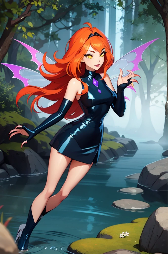 1girl, solo, ((adoring)),Dark Bloom, orange hair, yellow eyes, boots, black skirt, gloves, black shirt, wings, sparkling clothing, masterpiece, best quality, Tweak_PrettyEyes:0.8 with a tidal pool in the background, enchanting fog settling over a forest coven evelynn, claws,  