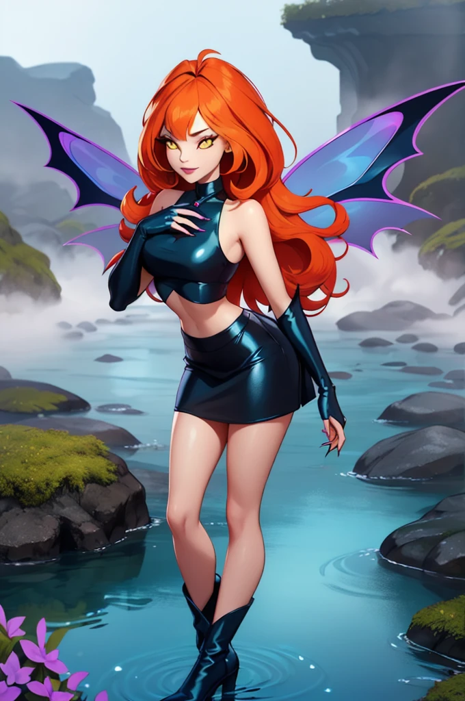 1girl, solo, ((adoring)),Dark Bloom, orange hair, yellow eyes, boots, black skirt, gloves, black shirt, wings, sparkling clothing, masterpiece, best quality, Tweak_PrettyEyes:0.8 with a tidal pool in the background, enchanting fog settling over a forest coven evelynn, claws,  