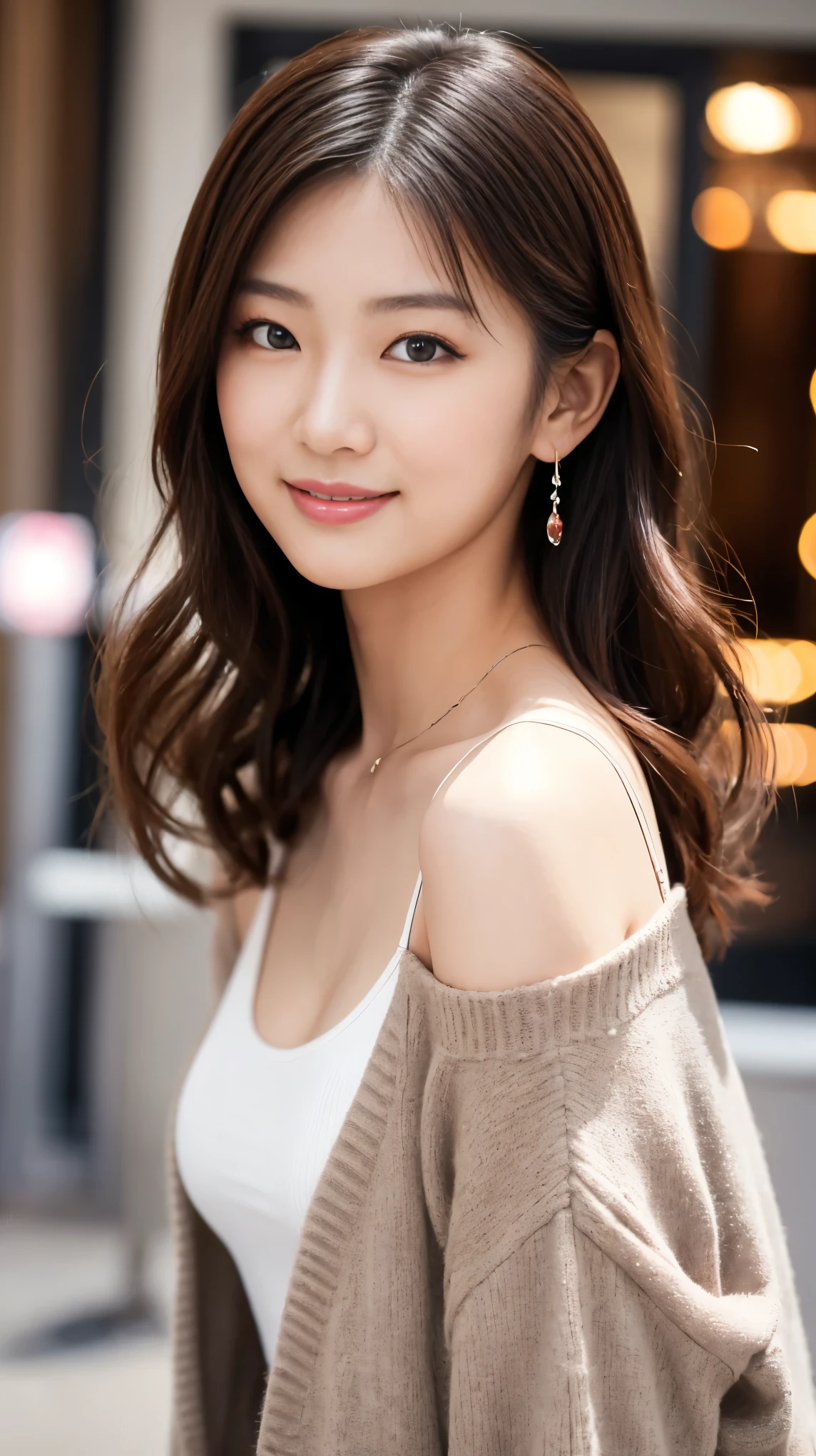 (masterpiece:1.3), high resolution, ultra detailed, extremely detailed CG unity 8k wallpaper, realistic, photo-realistic, RAW photo, beautiful detailed face, pale skin, realistic glistening skin, detailed cloth texture, detailed hair texture, Perfect Style, Beautiful Face, accurate, Anatomically correct, Highly detailed face and skin texture, natural neck length, (thin and beautiful fingers),
BREAK,
Detailed eyes, symmetric eyes, Brown eyes, Double eyelids, Thin eyebrows, (Glossy lips:1.4), (embarrassed smile:1.1)
BREAK,
((Innocent and Cute girl:1.3)), ((wearing a off-shoulder White blouse:1.4)), (beautiful clavicle), (Gold strings belt), (denim pants:1.2), (cross strap high heels:1.2),
(necklace, bracelet), ((clutch bag over shoulder, large hoop earrings, pinky ring:1.2)), (beautiful blue nails)
BREAK,
Layered Hairstyle, (brown hair:1.2), (wavy hair:1.2), medium long hair,
(large breasts, firm breast, nicely shaped breasts:1.1),
BREAK,
(Sitting on the bench in wide seaside street), ((Sexy pose with Showing armpits:1.4)), (looking sideway:1.2)
BREAK,
(Cowboy shot:1.2), (Focus on her profile:1.2), (from side:1.1),