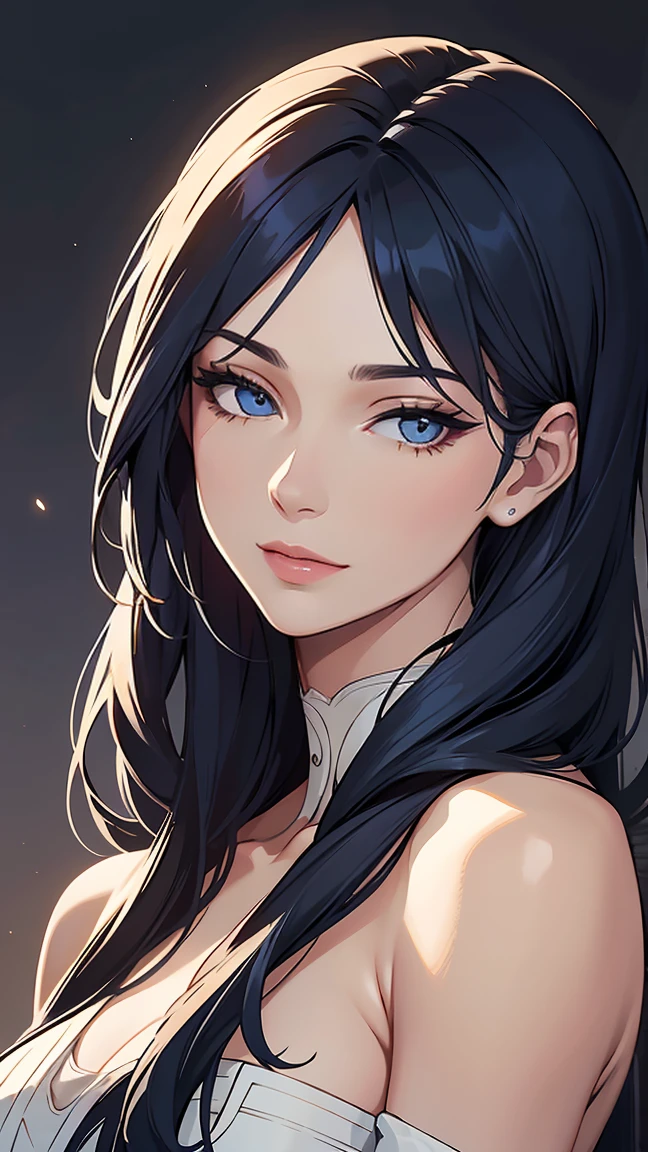 Aria is captured in a relaxed close-up, her face framed by her long dark blue hair which falls in gentle waves around her shoulders. She wears a dark black turtleneck fur dress that envelops her neck and upper body in luxurious softness. The dress adds a cozy yet elegant touch to her appearance, with its texture creating a subtle play of light.
Her vibrant blue eyes are softened by a gentle, relaxed expression, and a small, serene smile graces her lips, adding a touch of warmth to her look. The high neckline of the dress provides a clean, uninterrupted line, emphasizing her refined and composed demeanor.
The close-up highlights her high, sculpted cheekbones and the smooth, delicate curve of her face, while the fur dress adds an element of sophisticated comfort. The overall effect is a blend of casual elegance and serene charm, with Aria’s relaxed smile and luxurious attire creating a captivating and approachable image.