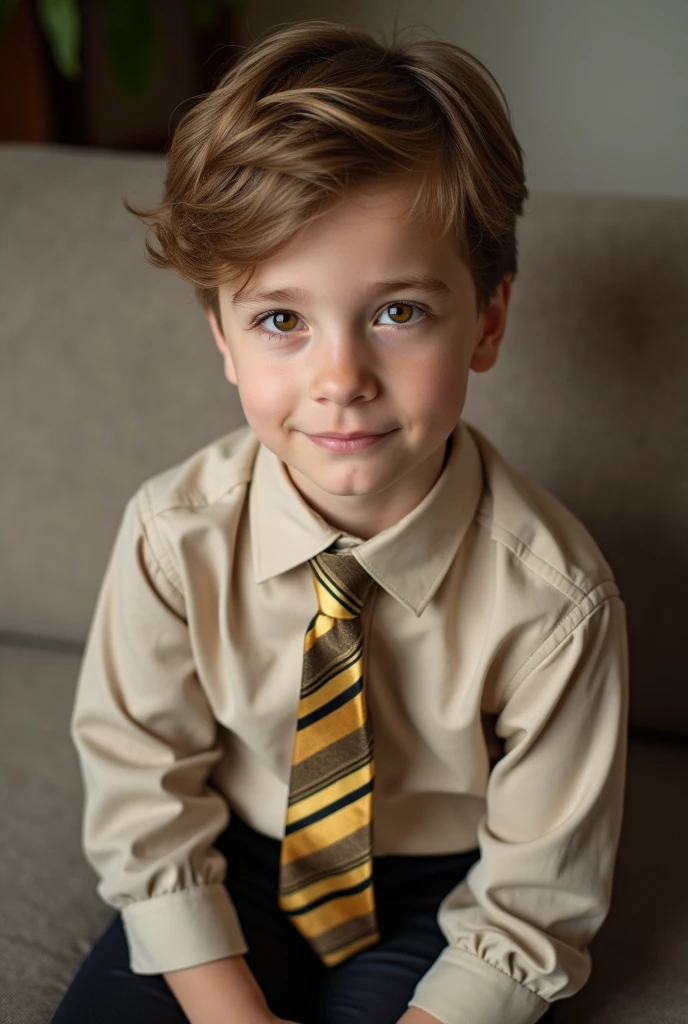 Photograph of a  boy sitting on the couch with brown blonde hair....., brown eyes, white skin, The boy was wearing a tuxedo and a gold-colored tie with gold stripes and a beige shirt........ 