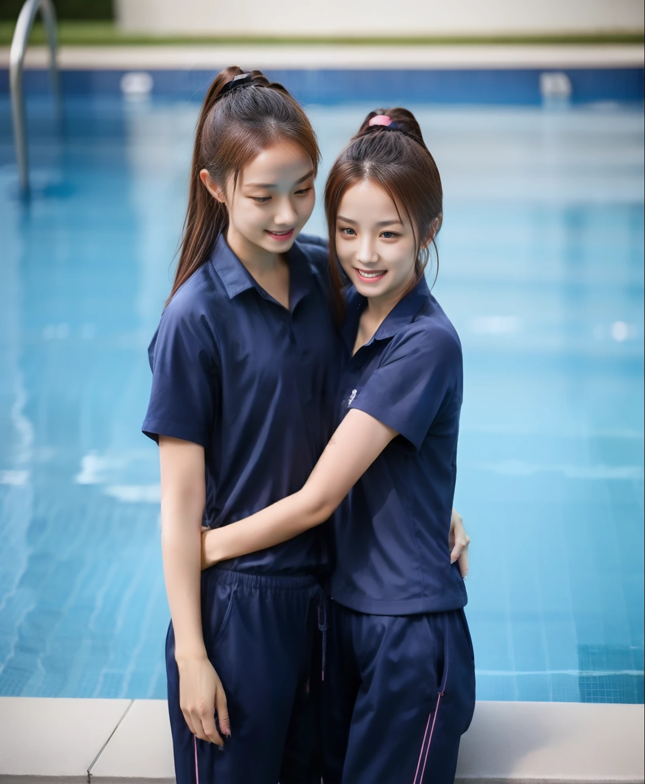 2 girls in the swimming pool, Navy blue short-sleeved shirt,Navy Long Trackpant,Sweatpants, Sweatpantsขายาว,25 year old girl, lesbian, sexy, exercise clothes, Wet body