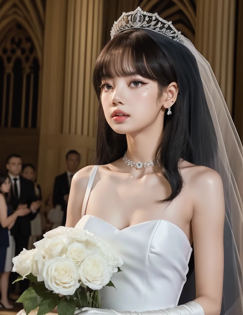 lisa blackpink, wearing a white satin ballgown wedding dress, opera gloves, veil, tiara, bow belt, holding bouquet, walking down the aisle in a grand cathedral, realistic, HD, 4k, crisp resolution,  masterpiece, best quality, ultra-detailed, ultra high res, (photorealistic:1.4), raw photo, (realistic:0.2), CG, {4k|8k} HDR, perfect lighting, 1girl, solo, looking at viewer,  (detailed background :1.1), 