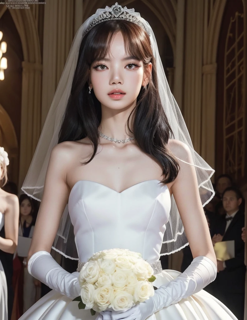 lisa blackpink, wearing a white satin ballgown wedding dress, opera gloves, veil, tiara, bow belt, holding bouquet, walking down the aisle in a grand cathedral, realistic, HD, 4k, crisp resolution,  masterpiece, best quality, ultra-detailed, ultra high res, (photorealistic:1.4), raw photo, (realistic:0.2), CG, {4k|8k} HDR, perfect lighting, 1girl, solo, looking at viewer,  (detailed background :1.1), 