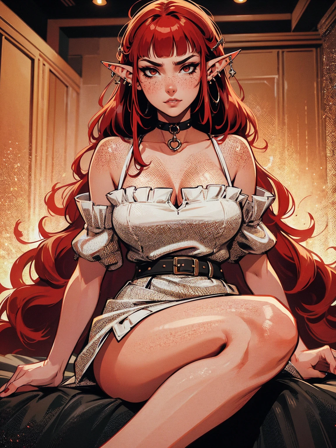 masterpiece, highres, best quality, highly detailed, wallpaper, painterly, brush strokes, pointy ears, yellow eyes, slit pupils, beautiful woman, large breasts, red dress without panties