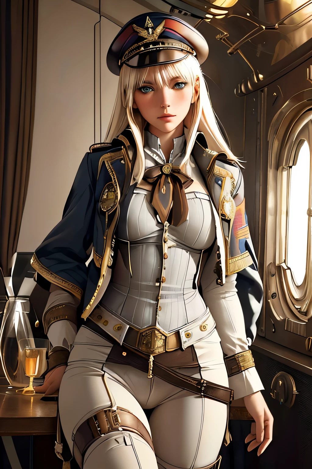 a steampunk-themed artwork featuring a beautiful woman as an intrepid airship captain, ready for adventure, platinum blonde hair, long bangs, award ribbon, military, military hat,  major, realistic, closed mouth, cowboy shot,mtlddea