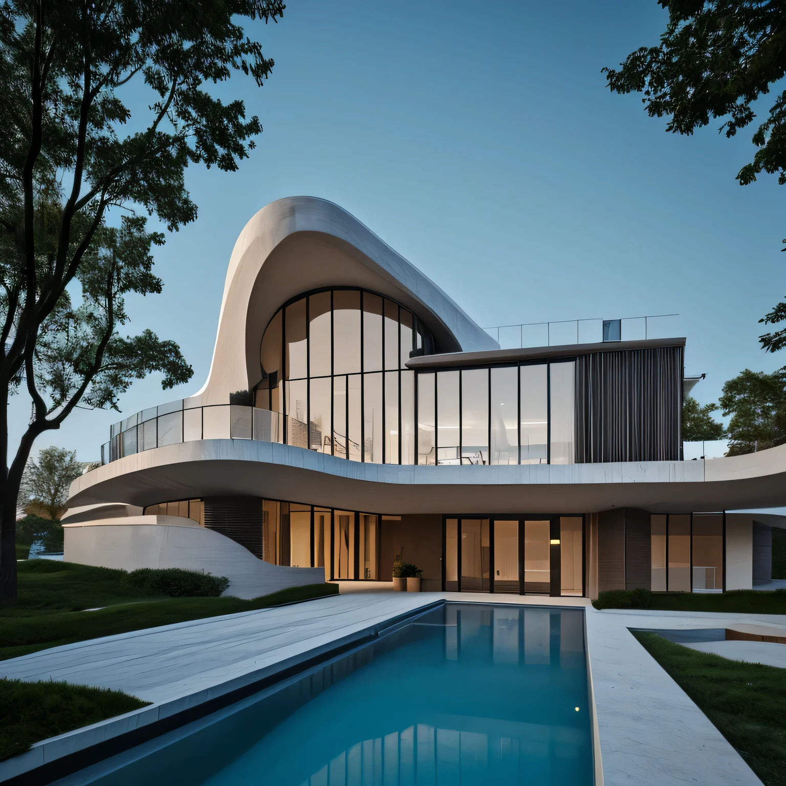 "A contemporary two-story home, combining elements of parametric architecture inspired by Zaha Hadid and Santiago Calatrava. The structure is fluid, with curved, dynamic shapes that seem to defy gravity, creating a futuristic aesthetic. The facade of the house is white and clean, contrasting with blue-tinted glass that reflects the soft 6am sky. Large windows and glass surfaces surround the building, allowing light to penetrate inside. The front of the house has an infinity pool that integrates perfectly with the architecture., while the ground around the building is covered in vibrant green grass, adding a natural touch to the ultra-modern design." (masterpiece:1.5) (photorealistic:1.1) (bokeh) (best quality) (detailed) (intricate) (High resolution, 32K HDR) (wallpaper:1.1) (cinematic lighting) (sharp focus on the house), (hyper derailed facade:1.1), Ultra-realistic skin texture, Detailed exterior, (1.25, exposed Realistic ultra huge tits:1.75, Ultra realistic picture of architecture1.25), (standing in a realistic anbient:1.35, on the city),