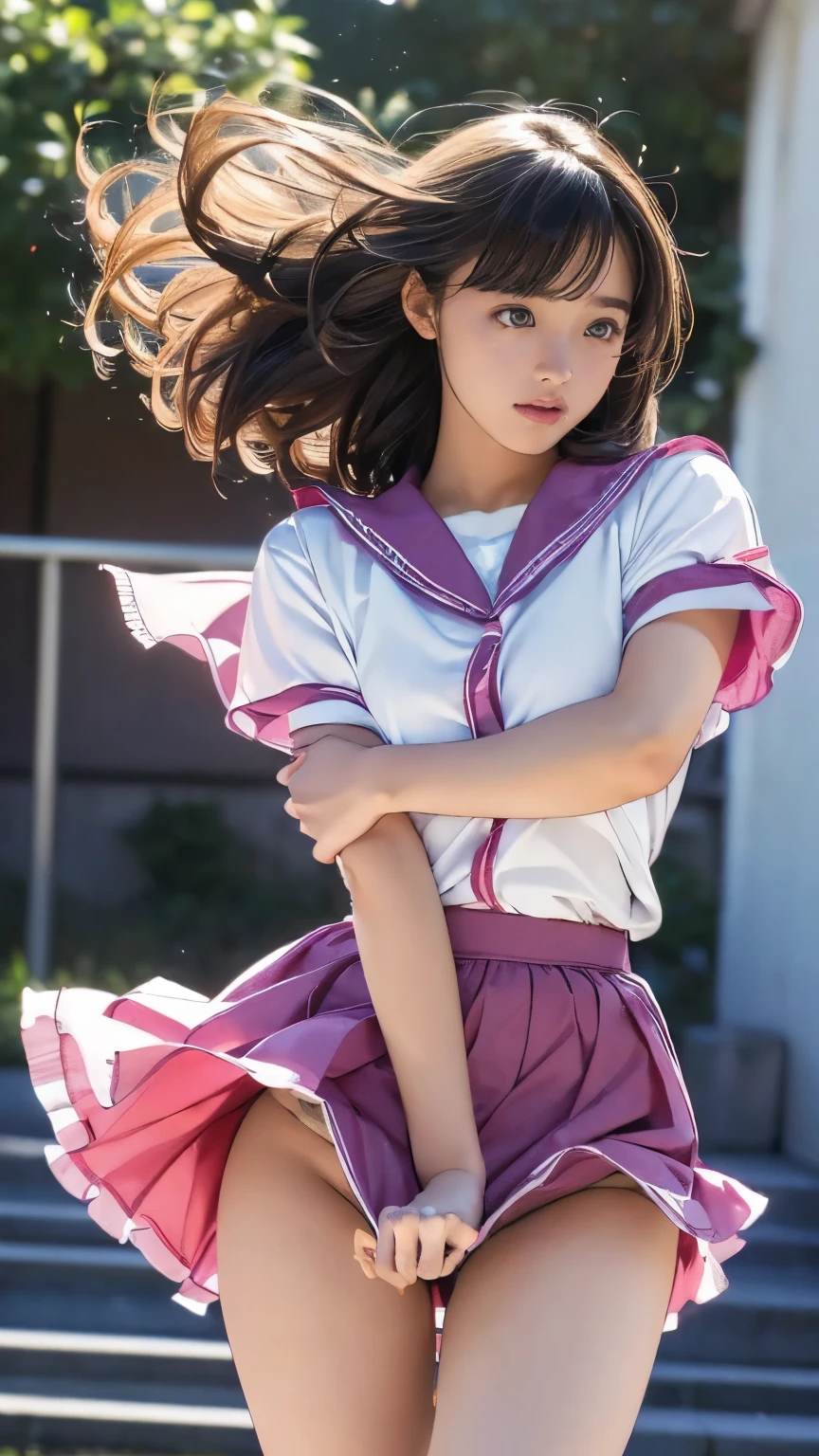 (((Innocent and cute junior high school students))), (The strong wind made her skirt flutter:1.4), ((I can see your underwear:1.5)), Beautiful bob hair, Immersion, Beautiful eyes, Ultra-high resolution, ((Thin thighs:1.3, Inner thigh:1.4)), Slender body lines, ((Tight waist:1.2)), (Japanese Idol, Baby Face,  beautiful girl), (Perfect anatomical structure:1.2), Beautiful breasts, (Highest quality、Highest quality、masterpiece、Ultra-high resolution、Reality:1.37), (Detailed eyes and face:1.3、Professional photography techniques)、(Good Hand、The right action:1.1)、((Beautiful hair and skirt fluttering in the wind:1.4))