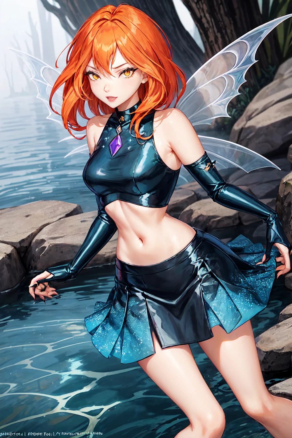 1girl, solo, ((adoring)),Dark Bloom, orange hair, yellow eyes, boots, black skirt, gloves, black shirt, wings, sparkling clothing, masterpiece, best quality, Tweak_PrettyEyes:0.8 with a tidal pool in the background, enchanting fog settling over a forest coven evelynn, claws,