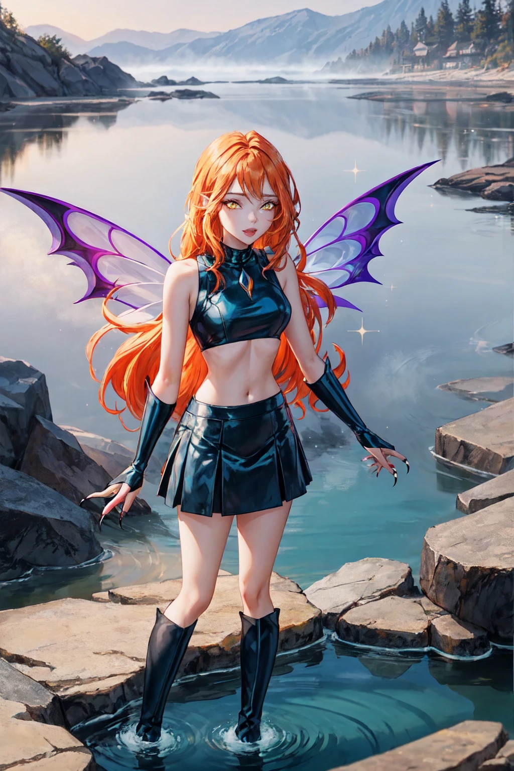 1girl, solo, ((adoring)),Dark Bloom, orange hair, yellow eyes, boots, black skirt, gloves, black shirt, wings, sparkling clothing, masterpiece, best quality, Tweak_PrettyEyes:0.8 with a tidal pool in the background, enchanting fog settling over a forest coven evelynn, claws,