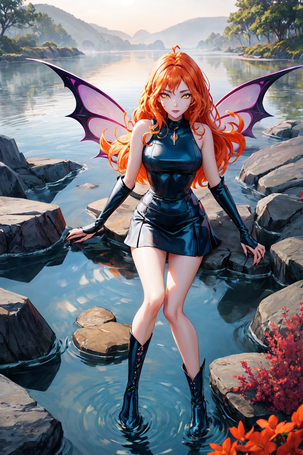 1girl, solo, ((adoring)),Dark Bloom, orange hair, yellow eyes, boots, black skirt, gloves, black shirt, wings, sparkling clothing, masterpiece, best quality, Tweak_PrettyEyes:0.8 with a tidal pool in the background, enchanting fog settling over a forest coven evelynn, claws,