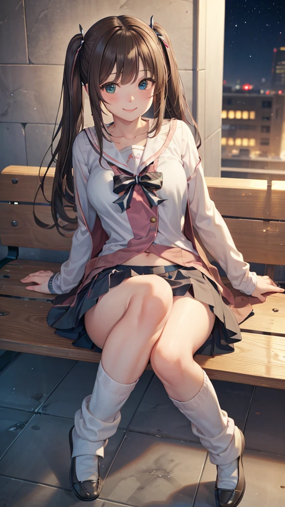 (1) A woman is sitting cross-legged on a bench. (2) The woman is a gal, with a childish face but heavy makeup. She has long brown hair. twintails, (3) The woman is wearing a pink sailor uniform, a mini-skirt and loose socks (4) The woman's expression is a smile. (5) The location is a park bench at night. diaphragm, (bright eyes:1.25), masterpiece, best quality, Extremely detailed, high quality, 4k, sharp focus, professional, sharp focus, awarded, cinematic lighting, octane rendering, Unreal Engine, volumetric dtx, wallpaper, (masterpiece, Superior quality: 1.2), anime style, Super detail, great lighting, (1 girl: 1.3), (High resolution:1.2),(​masterpiece、Premium:1.2) full body,Very detailed eyes, Perfect face, very beautiful female body, large thighs</input></xml>, medium chest, good lighting, cowboy shot, Alone, 1 girl, (((happy face))), sitting,dynamic pose, Kizuna AI, Look at the spectators, Long brown hair, twintail, blue eyes, pleated skirt, short sports shirt, shows the navel, white loose socks, sports shoe, smiling happy,