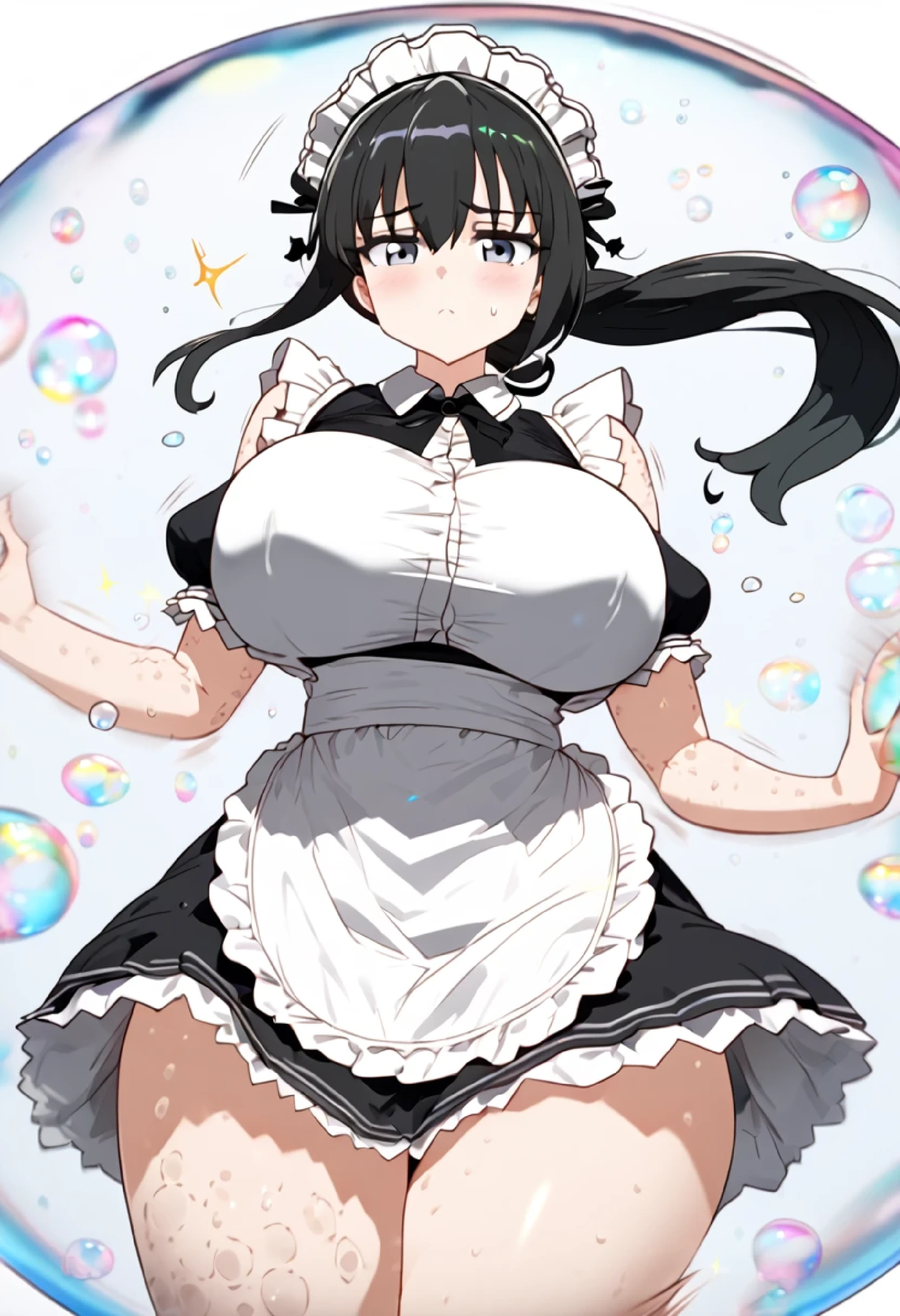 Chubby, busty, voluptuous, covered in liquids, tired, wearing tight maid outfit, slutty, maid, slave, showing off, bursting clothes, leaking from tits, growing, getting bigger, forcefeeding, torn clothes, growth, huge