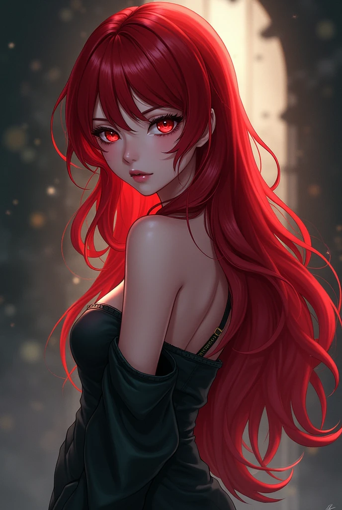 Create a beautiful red night with a red moon, red hair, yellow eyes, japanese girl, cleavage, busty,
