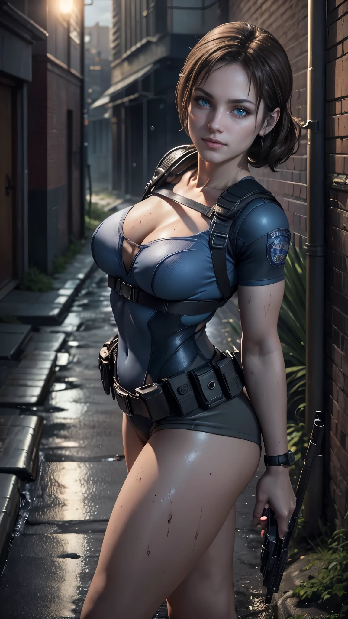 Jill Valentine da resident evil,(best qualityer,4K,8k,high resolution,work of art:1.2)(weather: rainstorm), back alley background, city ruins, short curly hair, brown hair, blue strapless leotard, tight black mini skirt, brown boots, harness, police gear, sexy pose, ultra detailed,portrait,realistic,beautiful detailed blue eyes, beautiful detailed lips,extremely detailed eye and face, long eyelashes,average, medium breasts,flying hair,beaming smile, sexy smile,powerful girl, bright coloured, dramatic lighting, muddy body,