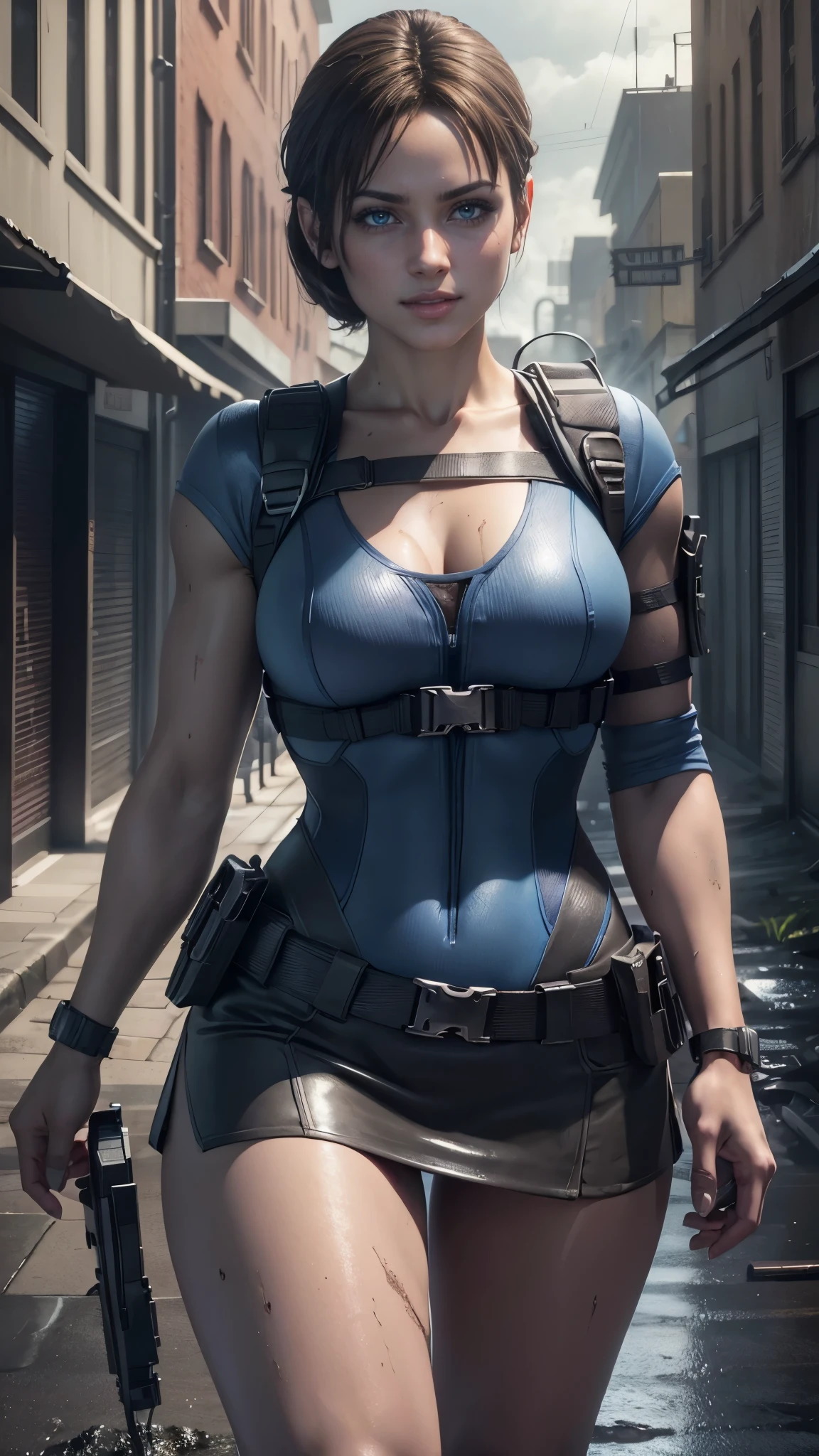 Jill Valentine da resident evil,(best qualityer,4K,8k,high resolution,work of art:1.2)(weather: rainstorm), back alley background, city ruins, short curly hair, brown hair, blue strapless leotard, tight black mini skirt, brown boots, harness, police gear, sexy pose, ultra detailed,portrait,realistic,beautiful detailed blue eyes, beautiful detailed lips,extremely detailed eye and face, long eyelashes,average, medium breasts,flying hair,beaming smile, sexy smile,powerful girl, bright coloured, dramatic lighting, muddy body,