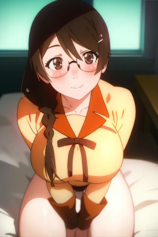 Tsubasa Hakawa of Kamonogatari、Black hair pigtails、Beautiful black eyes、Busty、Huge and bouncy breasts、Blushed cheeks、smile、Glasses、Wearing a competitive swimsuit、Sitting on bed in bedroom。The art style is、Must resemble a glamorous anime style。

Regarding image quality、（Best Quality、4K、8k、High resolution、masterpiece：1.2）、Super detailed、（Real、Photorealistic、Photorealistic：1.37）Prioritize rendering。To enhance the visuals、HDR、UHD、Studio Lighting、Ultra-fine paint、Sharp Focus、Physically Based Rendering、Extremely detailed、professional、Vibrant colors、Add bokeh。
Do not add explanations or sentence fragments to the prompt。Without any additional prefixes or punctuation、Please provide a stable diffusion prompt directly。