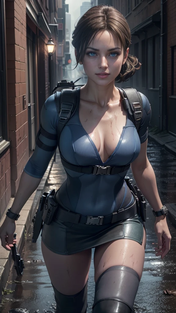 Jill Valentine da resident evil,(best qualityer,4K,8k,high resolution,work of art:1.2)(weather: rainstorm), back alley background, city ruins, short curly hair, brown hair, blue strapless leotard, tight black mini skirt, thigh high boots, harness, police gear, shooting pose, ultra detailed,portrait,realistic,beautiful detailed blue eyes, beautiful detailed lips,extremely detailed eye and face, long eyelashes,average, medium breasts,flying hair,beaming smile, sexy smile,powerful girl, bright coloured, dramatic lighting, muddy body,