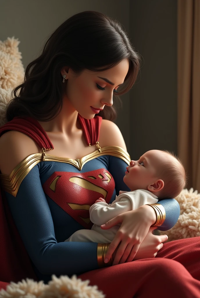 La qualité de l'image est réaliste, avec Wonder Woman de DC Comics tenant un bébé dans la salle de bain.