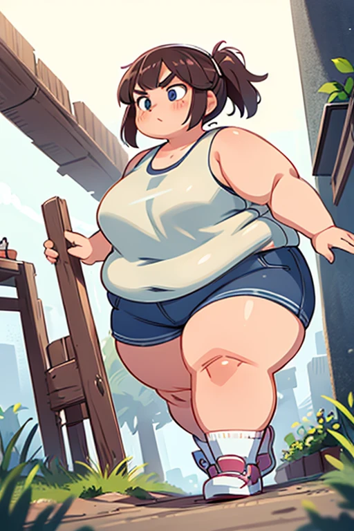 Chubby,Plump,Short,Thick eyebrows,woman,adult,30th Generation,Otaku,Loser,aldult,Light clothing,Plain,adultしい,Tank tops,Expose,video game,Gamer,From an angle,Walking