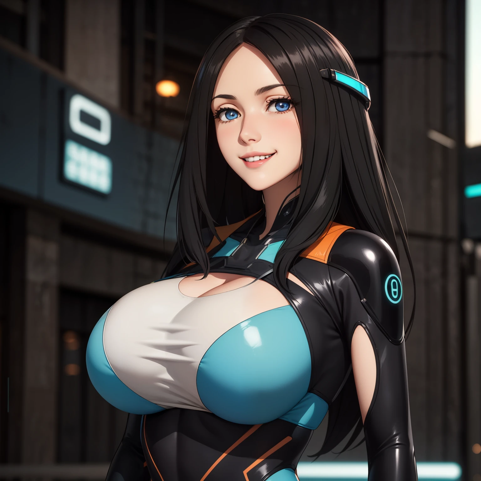 One day. 30 year old woman. black fur . light blue eyes, ,smile showing the teeth, blush, pale skin, Big Breasts, futuristic tight suit, military suit, 4k, high quality, futuristic city background. neon lights.