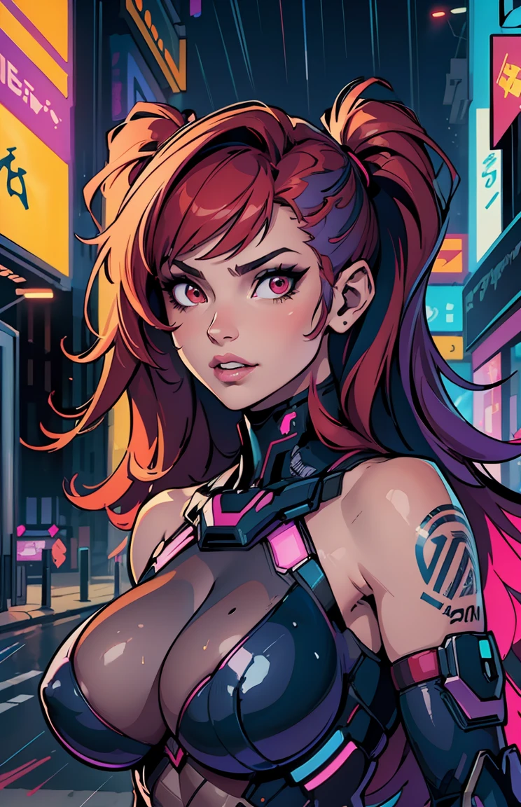 (best quality,4k,8k,highres,masterpiece:1.2), ultra-detailed, (realistic,photorealistic,photo-realistic:1.37), portraits, devil red eyes, gorgeous woman, cyberpunk background, futuristic, neon lights, smoky atmosphere, reflective surfaces, glowing tattoos, metallic elements, extravagant hairstyle, provocative fashion, seductive gaze, vibrant colors, dynamic pose, cityscape, urban chaos, technologically advanced, augmented reality, holographic projections, dystopian ambiance, skyscrapers, flying vehicles, rain-soaked streets, dark alleyways, bustling crowds, energetic and vibrant, mysterious aura, mecha armor, chest armor, gigantic tits, beautiful , neon red hair, half body view, arms up, close-up, deep cleavage, robotic bat wings