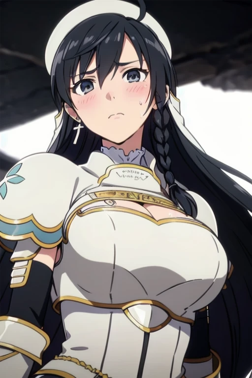 Sonia Blanche, cross earrings, hair ornament, veil, armored dress, pauldrons, breastplate, gauntlets, (white beret), 1girl, solo, upper body, (big breasts), facing viewer, looking at viewer, (aroused facial expression), blush, sweat, (simple black background), dark, close-up, (view from below)