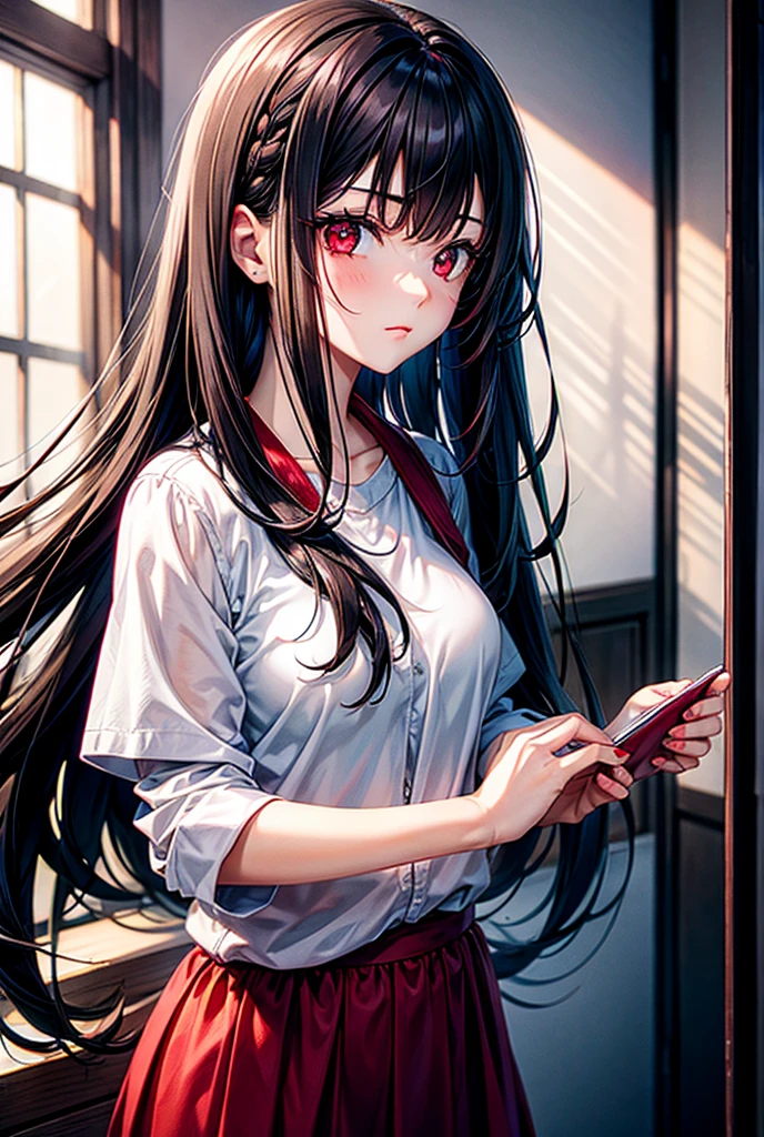 最high quality、Best image quality、masterpiece、girl((20-year-old、 By becoming、Best Bust、Medium Bust,Wide open breast tea、red glowing eyes, Black and red hair、Disheveled Hair、Long Hair、thin,The highest valley、white long shirt、Open chest、White wristband、smile、Leaning forward、hair ornaments、Side angle、Lointail、Looking at smartphone)),high quality、Beautiful art、background((Black Wall、art))、Flight、Flying debris、Written boundary depth、movie、visual art、Perfect art、8K,Genuine、