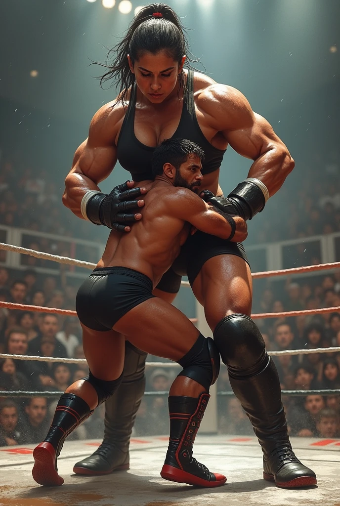 Wrestling. Tall Girl in Bikini Lifts Tall Guy by His Neck with Her Hands and Holds Guy Above Floor, the guy&#39;s legs are hanging over the floor, in the ring anime art, view from the back