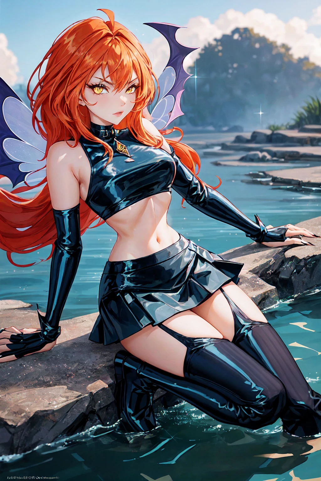 1girl, solo, ((adoring)),Dark Bloom, orange hair, yellow eyes, boots, black skirt, gloves, black shirt, wings, sparkling clothing, masterpiece, best quality, Tweak_PrettyEyes:0.8 with a tidal pool in the background, enchanting fog settling over a forest coven evelynn, claws,