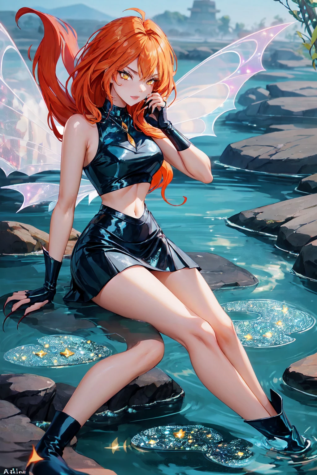 1girl, solo, ((adoring)),Dark Bloom, orange hair, yellow eyes, boots, black skirt, gloves, black shirt, wings, sparkling clothing, masterpiece, best quality, Tweak_PrettyEyes:0.8 with a tidal pool in the background, enchanting fog settling over a forest coven evelynn, claws,