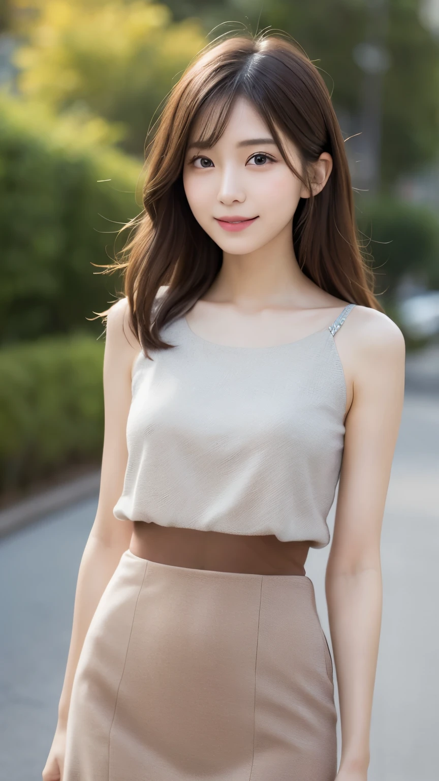 Beautiful Korean girl with good style、white and beautiful skin、short height、brown hair、bun hair、reddish brown eyes、slanted eyes、thin eyebrows、thick lips、smile、fancy clothes、Fashion Model、brick background、