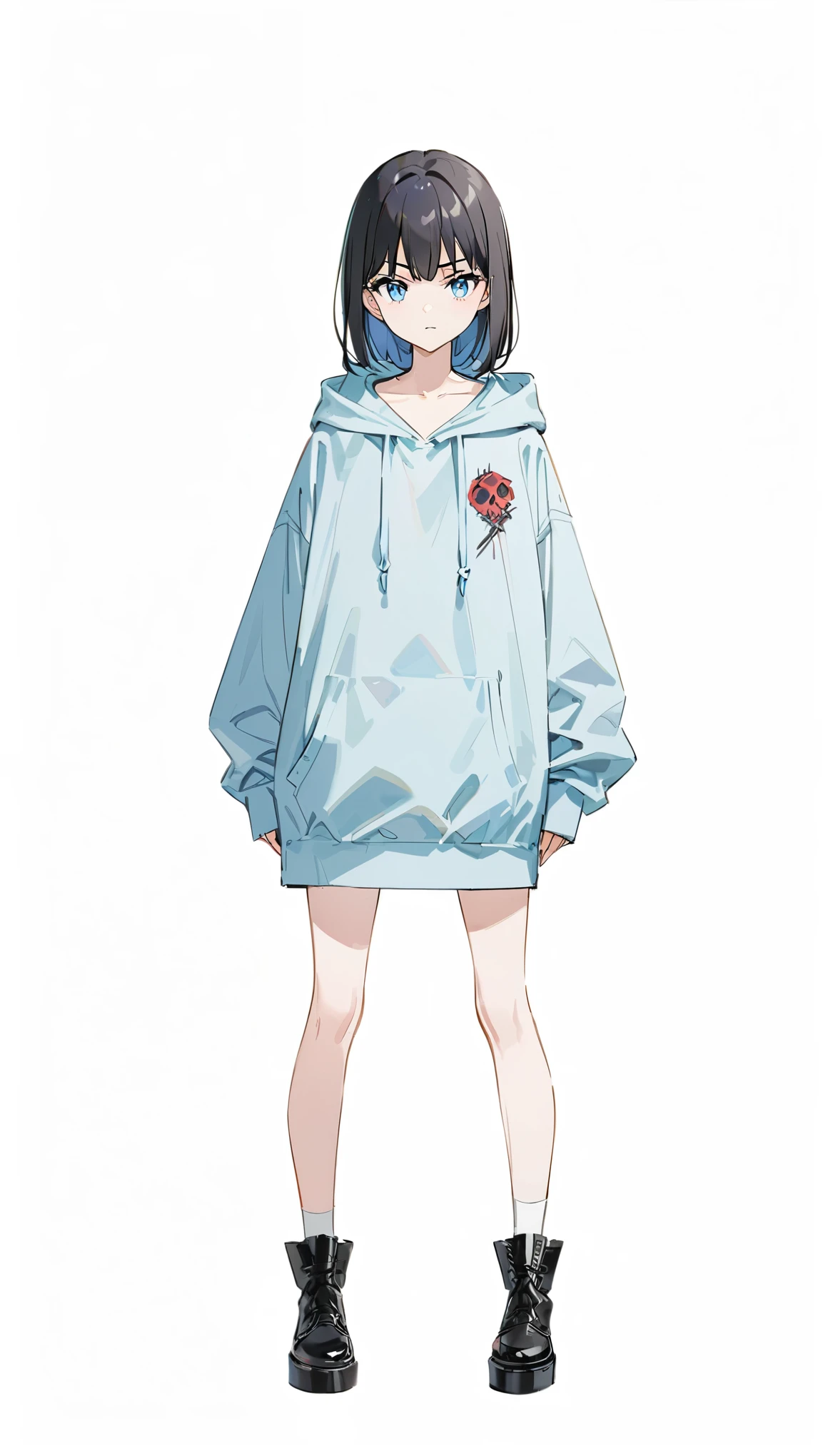 White background、Pure white background、Blank Background、Just standing girl, Only One Girl、Full body shot from the front,Ultra-high resolution, Best Quality、☠Hoodie、Flat Chest、Beautiful fine details、Black Hair、Black Hair × blue eyes、blue eyes、Serious expression、 💀Mark's white hoodie、Black pleated skirt、barefoot