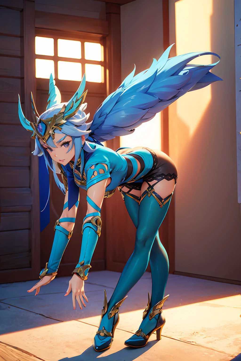 Io from paladins, beautiful detailed legs, extremely detailed sexy body, obra detalhada, (best quality, 4k, 8k, highres, masterpiece:1.2), ultra-detailed, (realistic, photorealistic, photo-realistic:1.37), dramatic lighting, intricate shadows, cinematic pose, vibrant colors, digital art, lace pantie short, beautiful face, full body pic, pantyhose