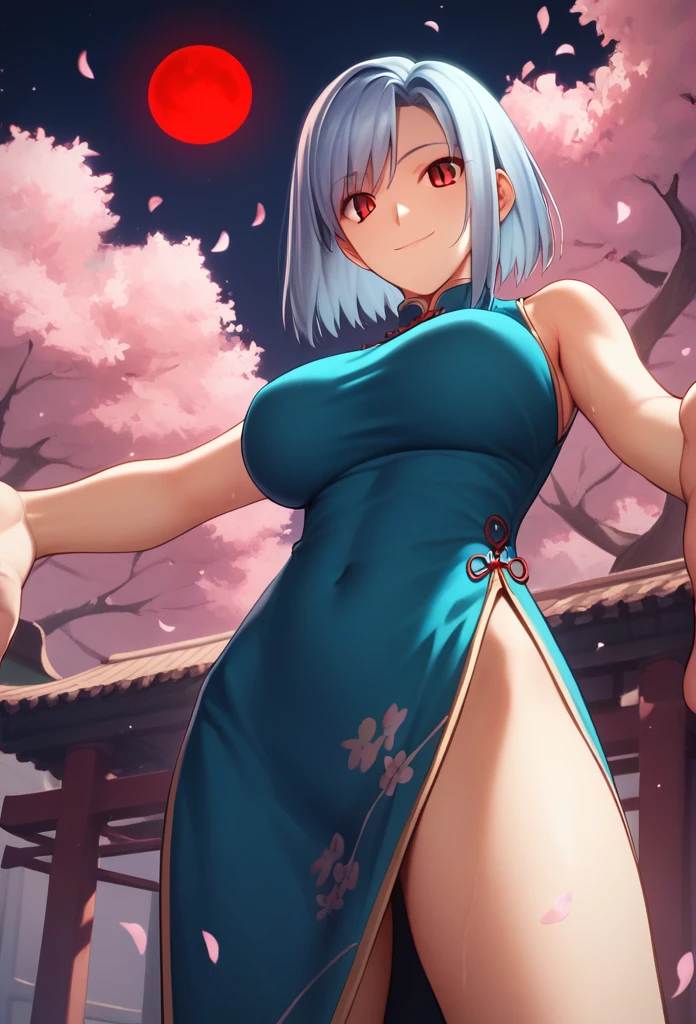 Score_9, Score_8_up, Score_7_up, One girl,smile, Hirokazu Koyama ,Cowboy Shot,Sweaty,sexy,Pixel Perfect,Large Breasts,Anatomically correct, masterpiece, Very detailed,Outdoor,8k, (background,Cherry Blossoms at Night,big red moon,Detailed),(Fits your body,Chinese dress,Sleeveless,Long hem,There is a slit,blue),Spread your arms,Composition looking up from below,Look at, A seductive smile, sexy, Bob Hair, Red eyes, Light blue hair, 